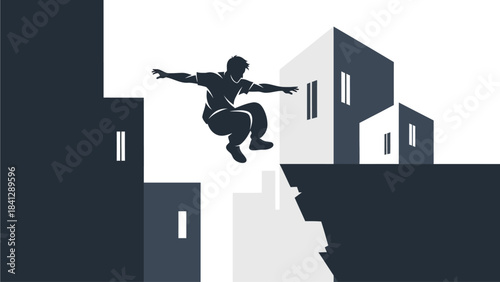 Dynamic Parkour Jump Over Urban Gap Silhouette Athlete Leaping Between Buildings