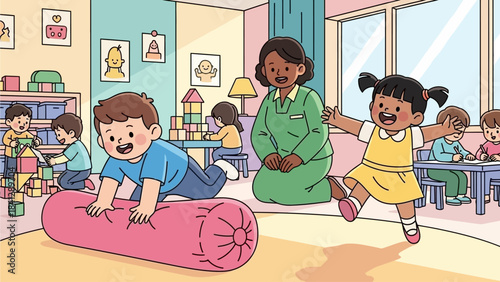 Diverse Children Learning and Playing Joyfully in a Bright Preschool Classroom with Teacher Supervision
