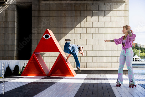 Wallpaper Mural Young man practicing stunts while woman roller skating on platform at sunny day Torontodigital.ca