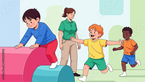 Diverse Children Enjoying Playtime with Teacher in Preschool Classroom