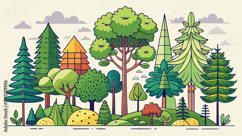 Very beautiful outline collection of diverse coniferous and deciduous trees, offering clean contours ideal for forest scenes, landscape creation kits, environmental graphics, outdoor themes, and natur