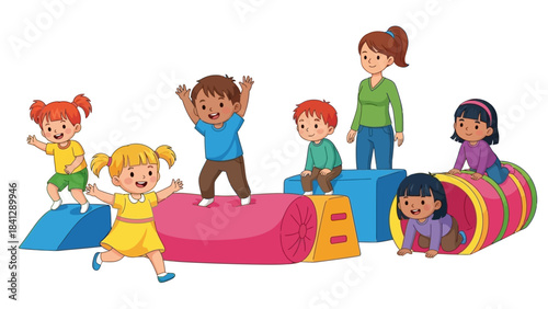 Diverse Group of Happy Children and Teacher Enjoying Indoor Playtime and Physical Activity Together