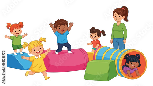 Diverse Group of Happy Children Playing and Learning in a Soft Play Area with Teacher Supervising