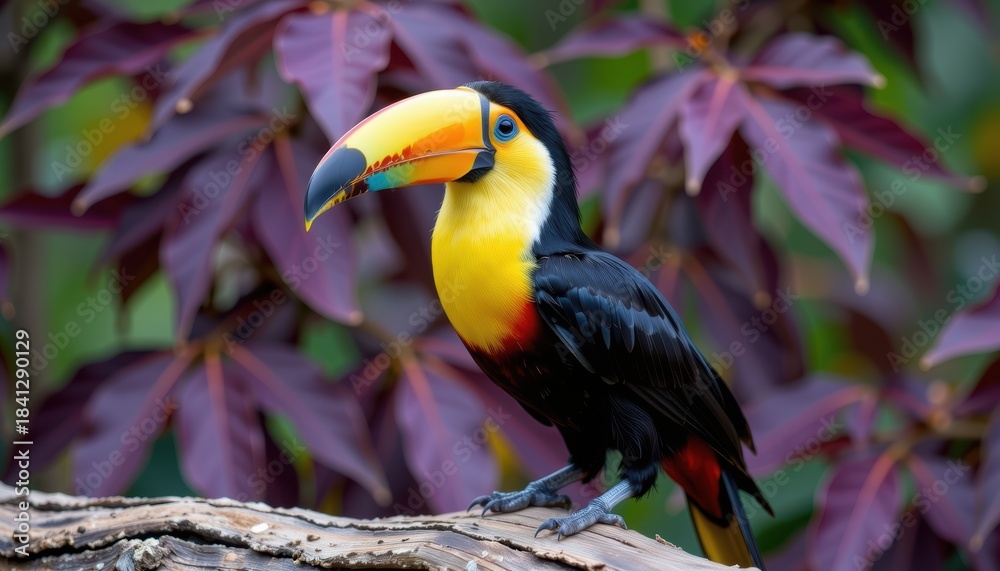 Fototapeta premium Colorful toucan perched on a branch amid vibrant foliage.
