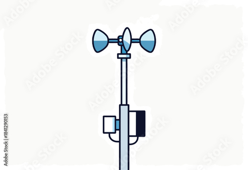 A blue and grey weather instrument with rotating cups and sensor box