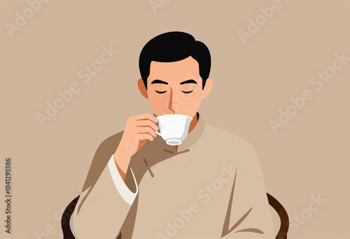 Man with closed eyes drinks from a white cup