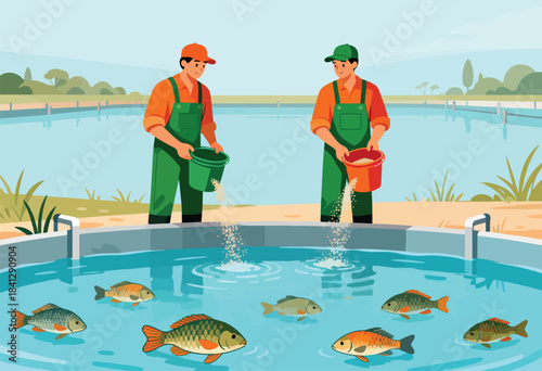 Two farm workers feed fish in a pond with grain from buckets