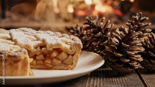 Festive holiday scene featuring pinecones and a delicious apple pie arrangement