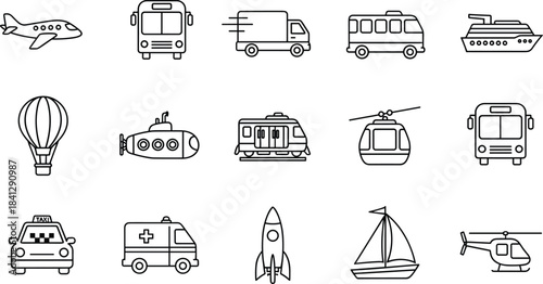 Collection of diverse transportation vehicle line icons including air, land, and water travel symbols for infographic, education, map design, and apps