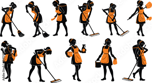 Housekeeping woman silhouette set, cleaning task poses illustration, black and orange figure icons, janitorial and domestic chore concept graphic