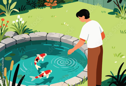 A person feeds koi fish in a garden pond surrounded by lush greenery