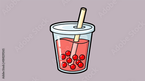 Illustration of a refreshing red boba tea drink with tapioca pearls.