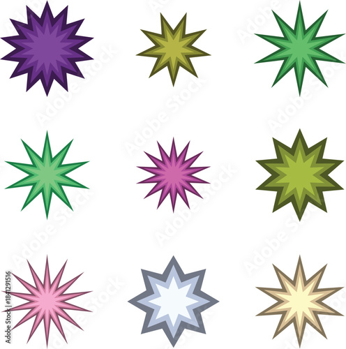 Colorful starburst graphic elements for design projects, offering a dynamic burst of visual energy and modern aesthetic appeal