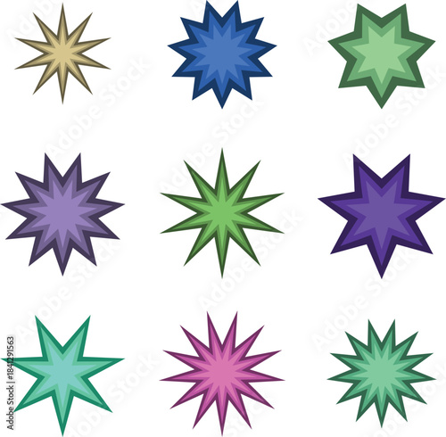 A vibrant collection of colorful starburst shapes and dynamic graphic elements, ideal for diverse design projects, backgrounds, and creative accents