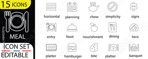 Meal line icon set. Containing food, lunch, eat, dinner, pasta, rice, pizza, salad, soup, breakfast and more. Vector outline icons collection.