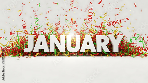 Colorful confetti celebrating january on white background with text