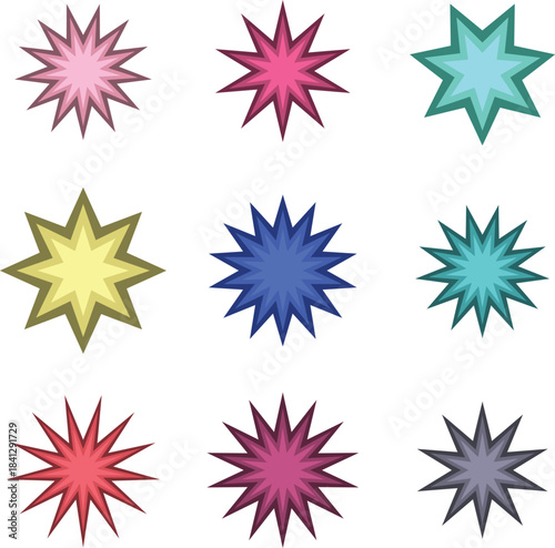 collection of nine colorful starburst shapes with different color variations on a white background