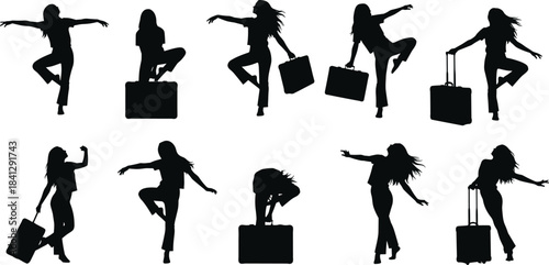 Travel luggage silhouette set, expressive movement and suitcase interaction illustration, black figure icons, departure and excitement concept graphic
