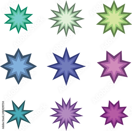 Collection of nine vibrant, starburst-shaped graphic elements in various shades of blue, green, and purple, perfect for design accents