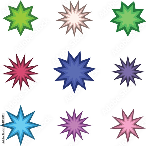 Collection of nine colorful starbursts with jagged edges, varying in size and hue