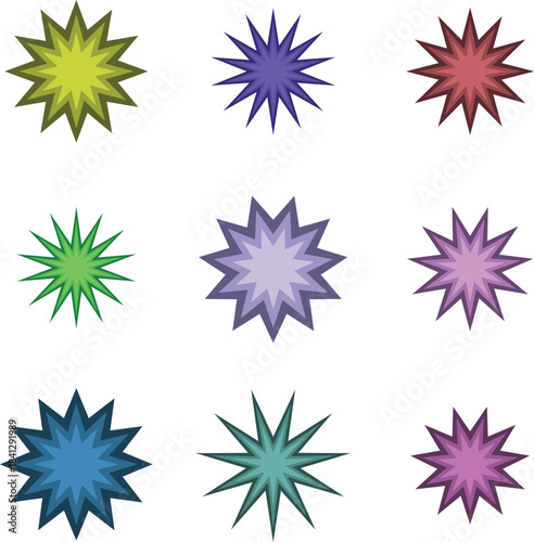 Nine vibrant starburst graphic elements with layered colors and spiky geometric shapes, ideal for diverse creative design projects