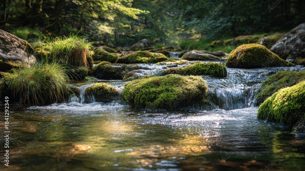 Fototapeta premium Tranquil Stream Flowing Over Smooth Rocks Covered in Lush Green Moss Amidst a Serene Forest Setting with Soft Natural Light