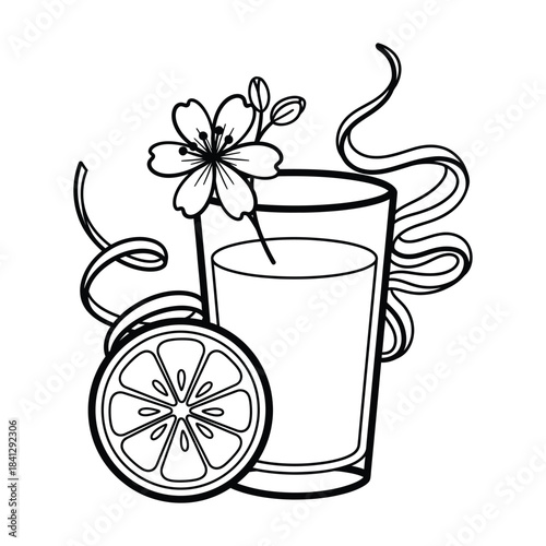 A refreshing citrus drink with a floral garnish in a glass