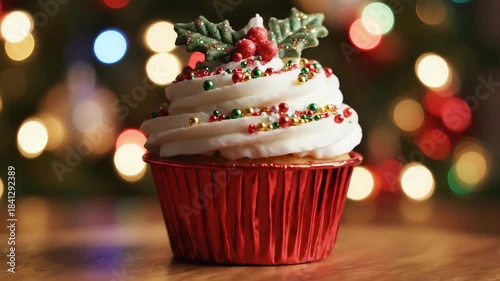 Festive Christmas Cupcake with Holiday Sprinkles and Ornament Decorations