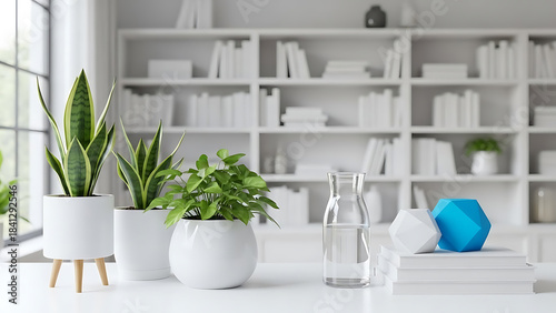 Potted plants and glassware on a white table in a modern room