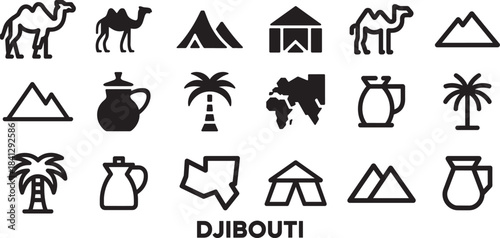 Djibouti travel icons set camel desert tent mountain palm tree map traditional pitcher symbol collection vector
