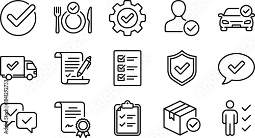 Quality assurance and approval icon set, verification symbols, checklist graphics, certified document elements, secure validation illustrations for business workflow and reliability