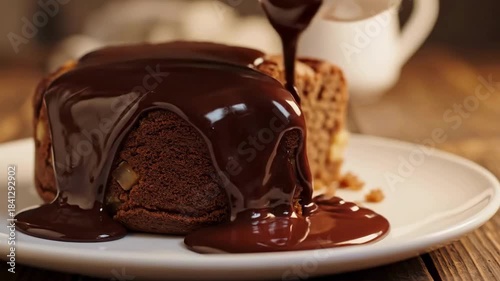 Decadent Chocolate Lava Cake with Nutty Pieces and Melting Ganache Drizzle