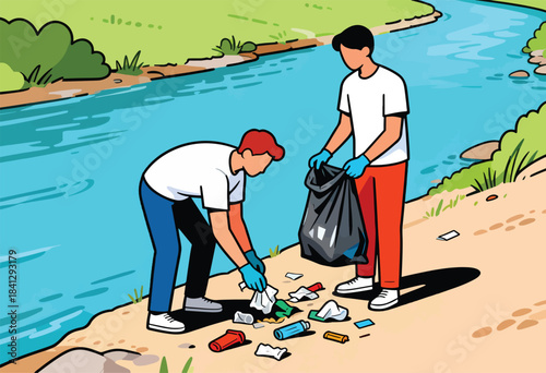 Two people clean trash along a riverbank