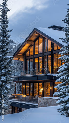 winter lodge. an exclusive mountain estate with shimmering dusk light.