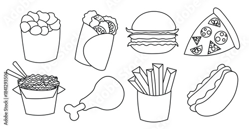 icons on the topic of fast food in black and white