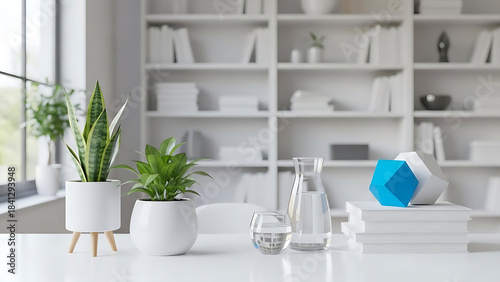 A serene workspace with plants, books, and decorative objects on a white desk