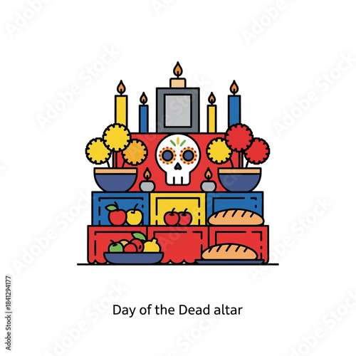 Colorful Dia de los Muertos altar icon with skull and offerings design
