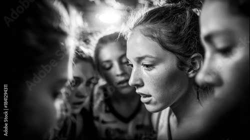 Young female basketball players huddled closely together in a black and white photograph showing intense focus during a game or practice with emotional team spirit and strategy planning