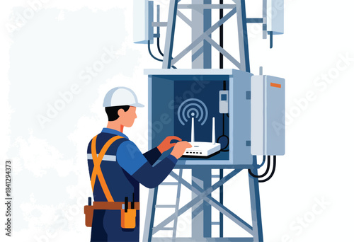 Technician works on a telecommunication tower, connecting a wireless router