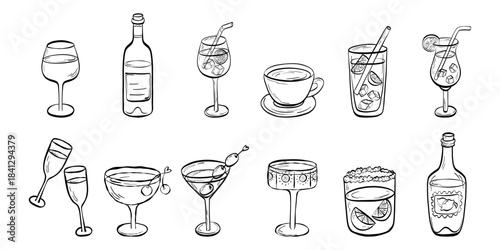 Drink and cocktail bar set in clean line art featuring wine, cocktails, coffee, glasses, ice and citrus elements. Great for menus, packaging, bar branding and beverage design projects