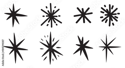Hand drawn snowflakes and stars icons set on white background for decoration design. Doodle vector illustration. Winter elements for Christmas and New Year