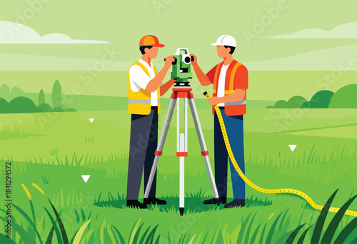 Two surveyors use a theodolite and tape measure in a grassy field