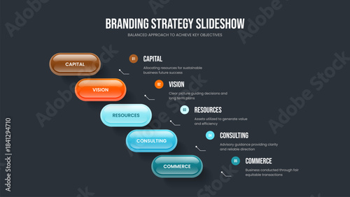 Corporate Launch 5 Element Diagram Slideshow Design. Consulting Introduction Five Step Infographic Presentation Template. Sales Briefing Frame Layout Vector Illustration.
