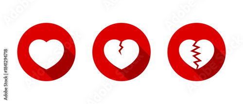 Heart and heartbreak icon with long shadow. Love and breakup symbol. Romantic and divorce sign