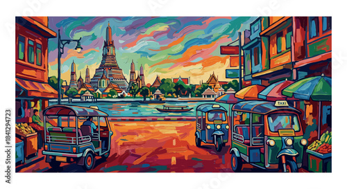Fauvist Painting of Bangkok Street Scene with Wat Arun and Tuk-Tuks