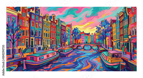 Fauvist Painting of Amsterdam Canal Houses and Boats