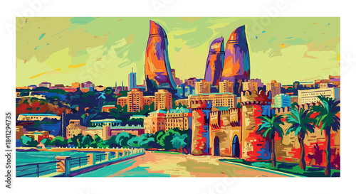 Fauvist Painting of Baku Cityscape with Flame Towers