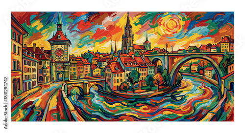Fauvist Painting of Bern Cityscape with Zytglogge and Aare River