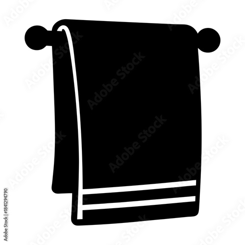 Black bathroom towel hanging from a decorative towel bar fixture icon