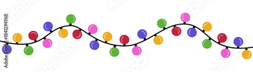 Festive garland with colored round light bulbs. Decoration for holiday party, Christmas or New Year. Hand drawn vector illustration isolated on white background. Modern flat cartoon style.